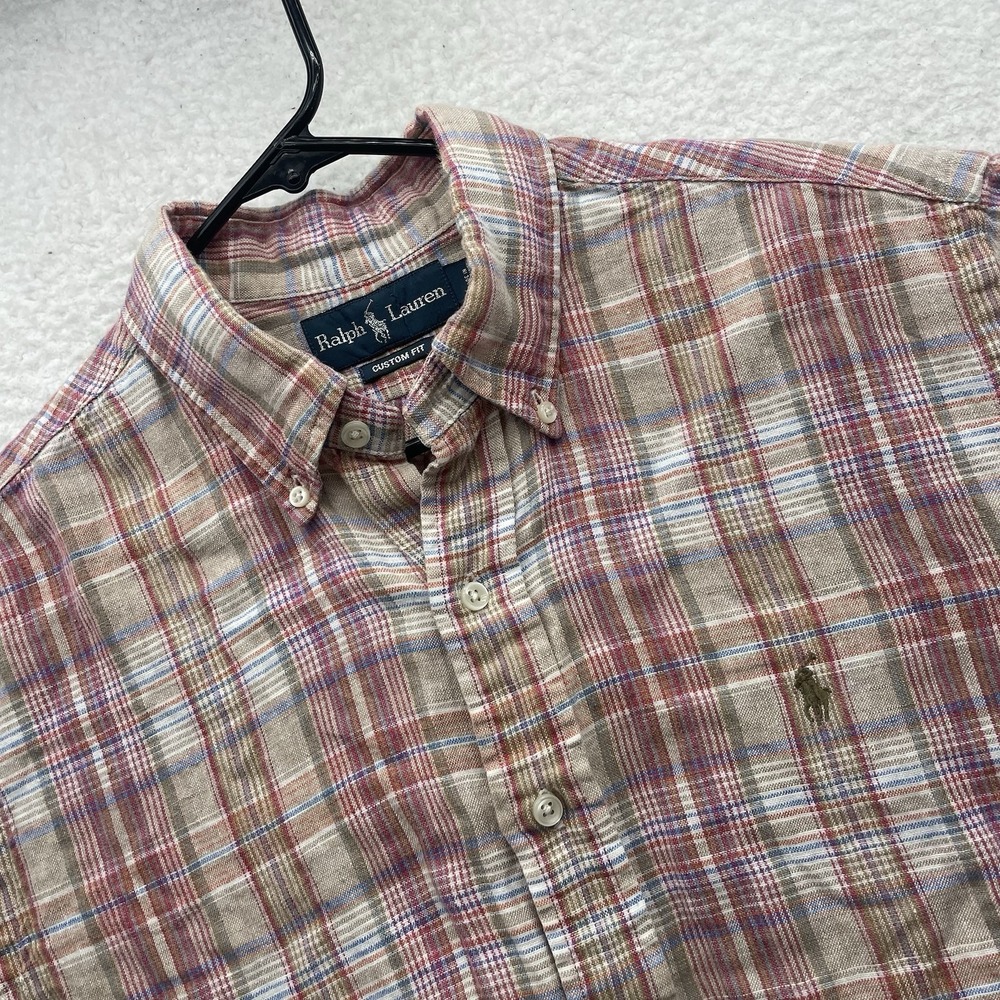 Ralph Lauren Linen Shirt Mens Large L Multi Plaid Short Sleeve Button Custom Fit